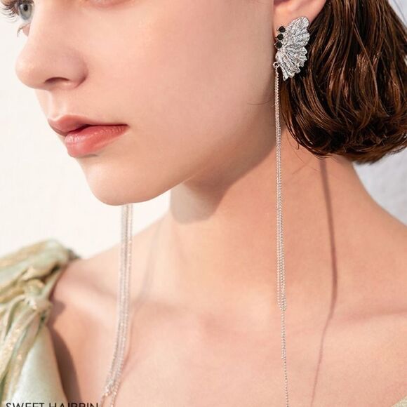 New 925 Silver Post  Asymmetric Butterfly Wing Long Tassel Earrings - Picture 7 of 13